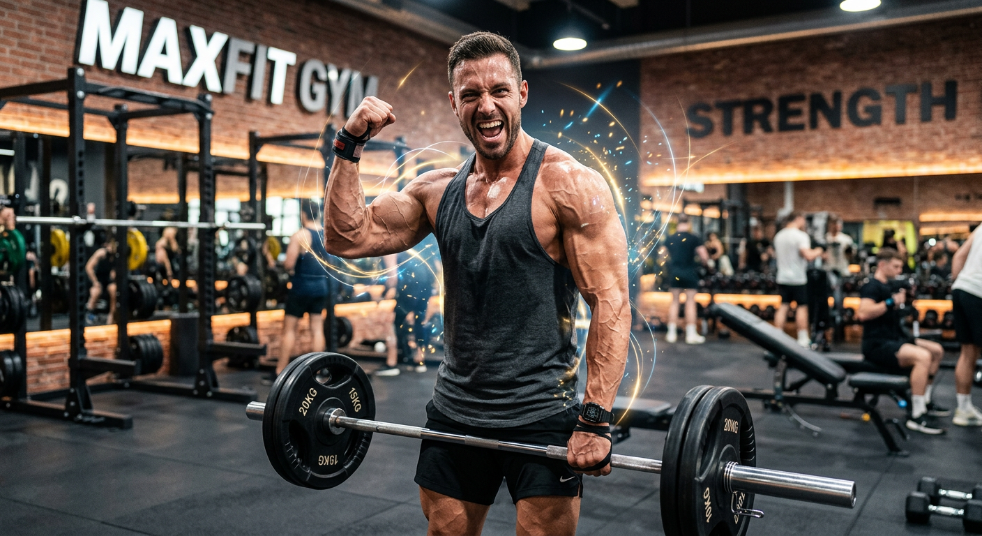 Homem musculoso e confiante na academia, símbolo dos resultados de força e massa muscular prometidos pelo GHDROL.