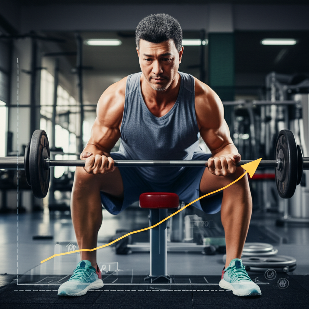 Homem treinando na academia com gráficos de saúde masculina
