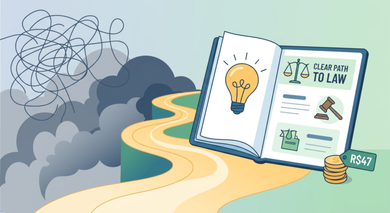 Ilustração conceitual: emaranhado de leis e complexidade jurídica se transforma em clareza e simplicidade com um eBook aberto, simbolizando aprendizado acessível e de alto valor.