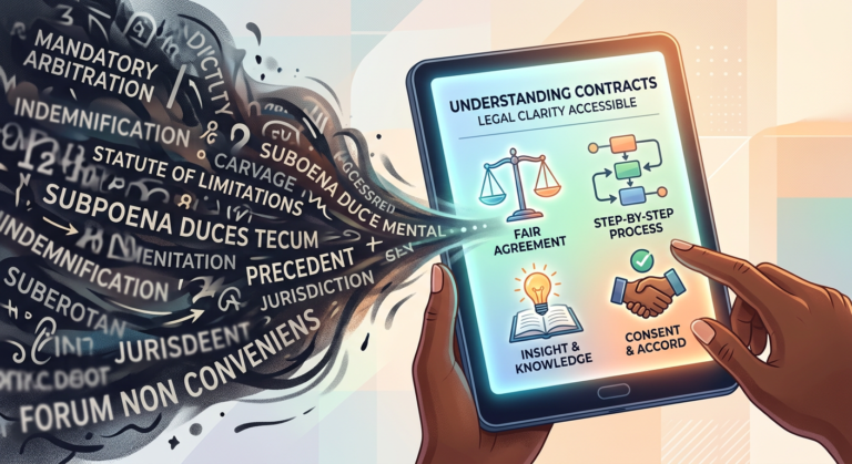 Ilustração digital de um e-reader simplificando conceitos jurídicos complexos em ícones e gráficos claros, simbolizando a facilidade de aprendizado do Direito.