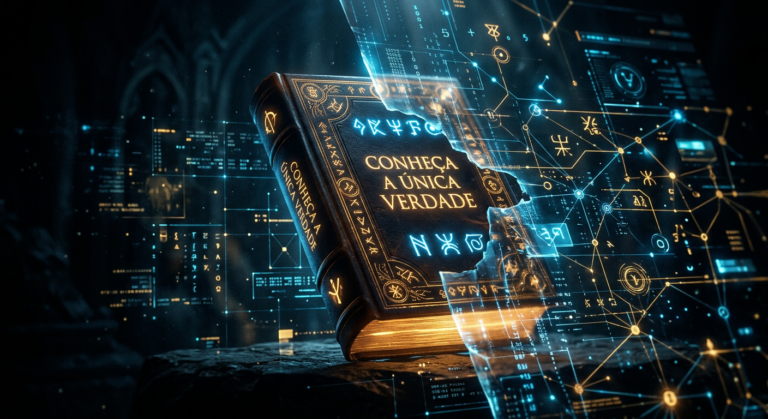 Imagem enigmática representando o eBook 'Conheça a Única Verdade' sendo parcialmente revelado por trás de uma tela digital, com símbolos misteriosos e conexões de dados, sugerindo segredos ocultos e distribuição online via WhatsApp.