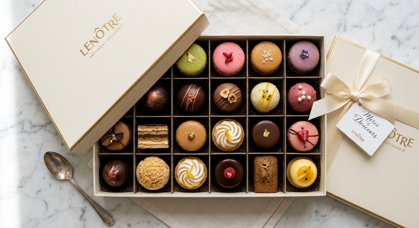 Variedade de doces finos e gourmet, como trufas e macarons, lindamente arranjados em uma caixa de presente luxuosa.