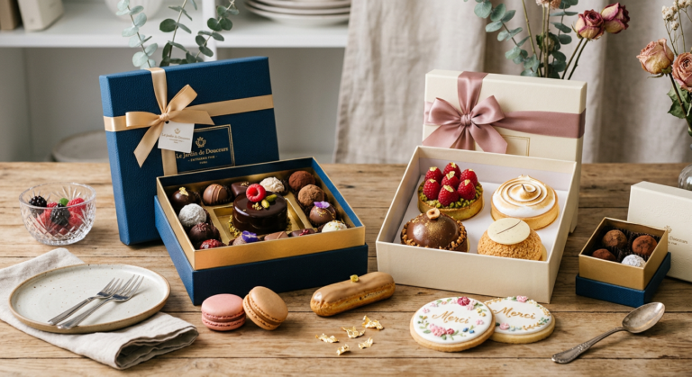 Doces gourmet para presentear de Ísis Alvarez, cuidadosamente embalados em caixas de luxo com laços, exibindo variedade de confeitos sofisticados e artesanais.