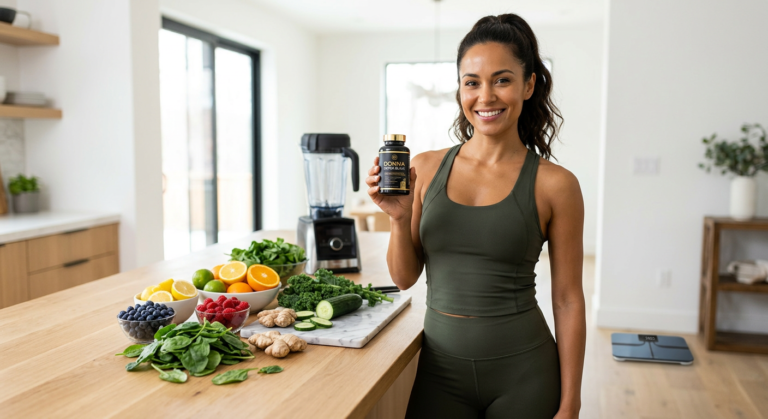 Mulher feliz e em forma com produtos Donna Detox Black, simbolizando emagrecimento, bem-estar e vitalidade.