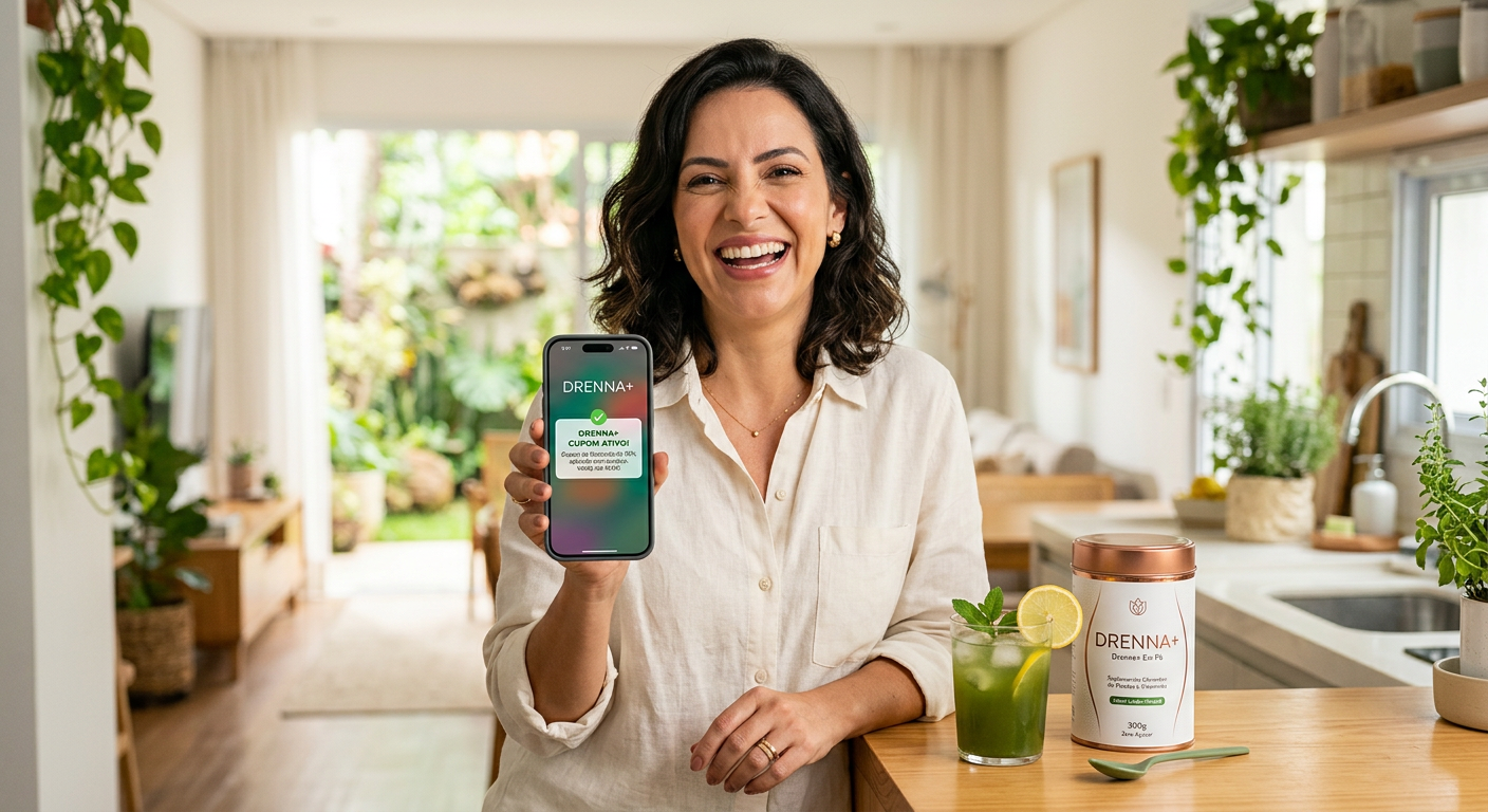 Mulher feliz segurando smartphone com cupom Drenna+ após abandono de carrinho, com produto e bebida.