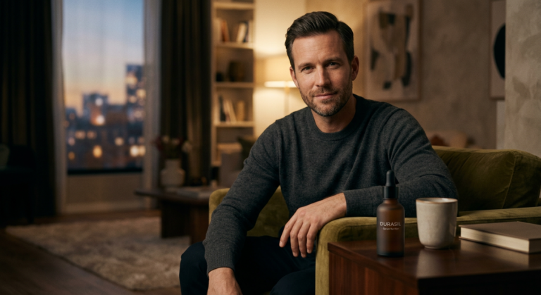 Homem confiante com sérum Durasil, simbolizando controle ejaculatório e performance masculina aprimorada. Garrafa discreta do produto em evidência.