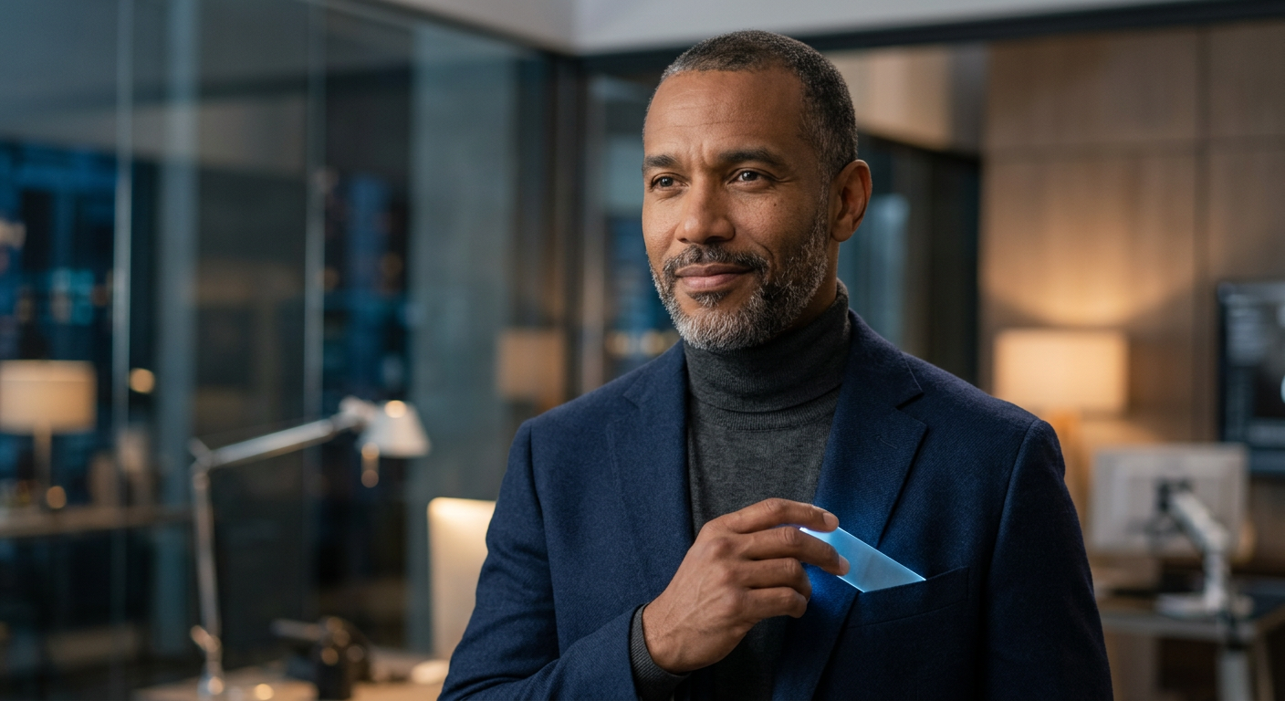 Homem confiante usando Durazul adesivo sublingual para melhorar ereção e desempenho sexual, exalando energia e vitalidade masculina.