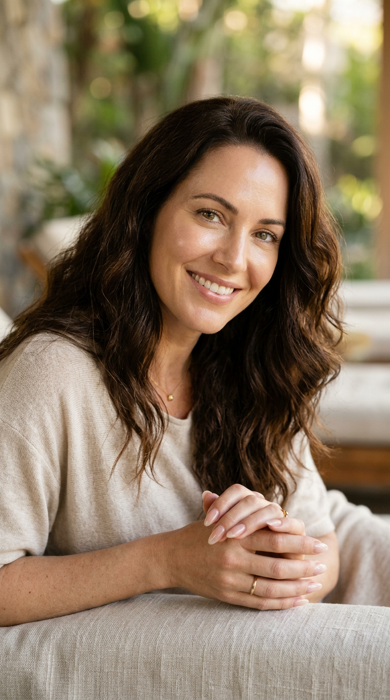 Mulher radiante com cabelo volumoso, pele luminosa e unhas fortes, exalando confiança e beleza natural, resultado do Ecdise Caps.