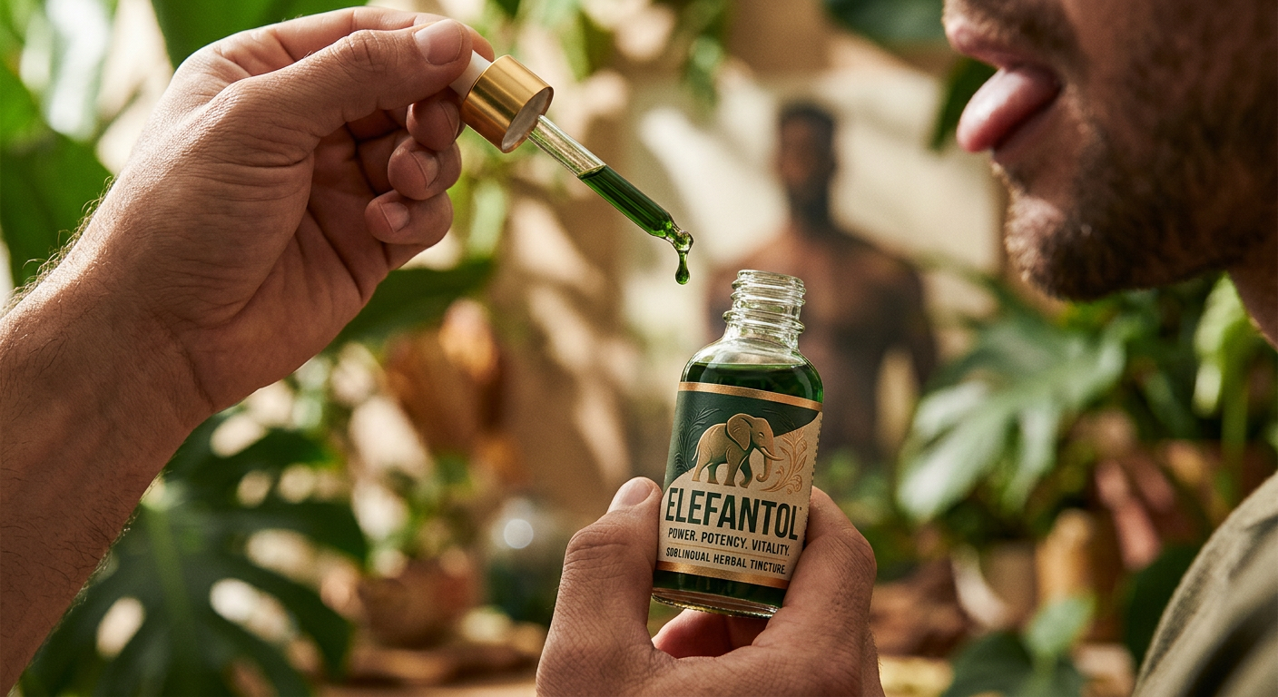 Frasco de Elefantol em gotas com folhagens verdes e um elefante estilizado ao fundo, representando força e vitalidade para a performance sexual masculina.