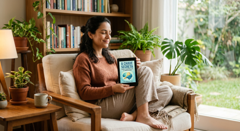 Pessoa relaxada lendo A Chave Secreta para Controlar a Ansiedade