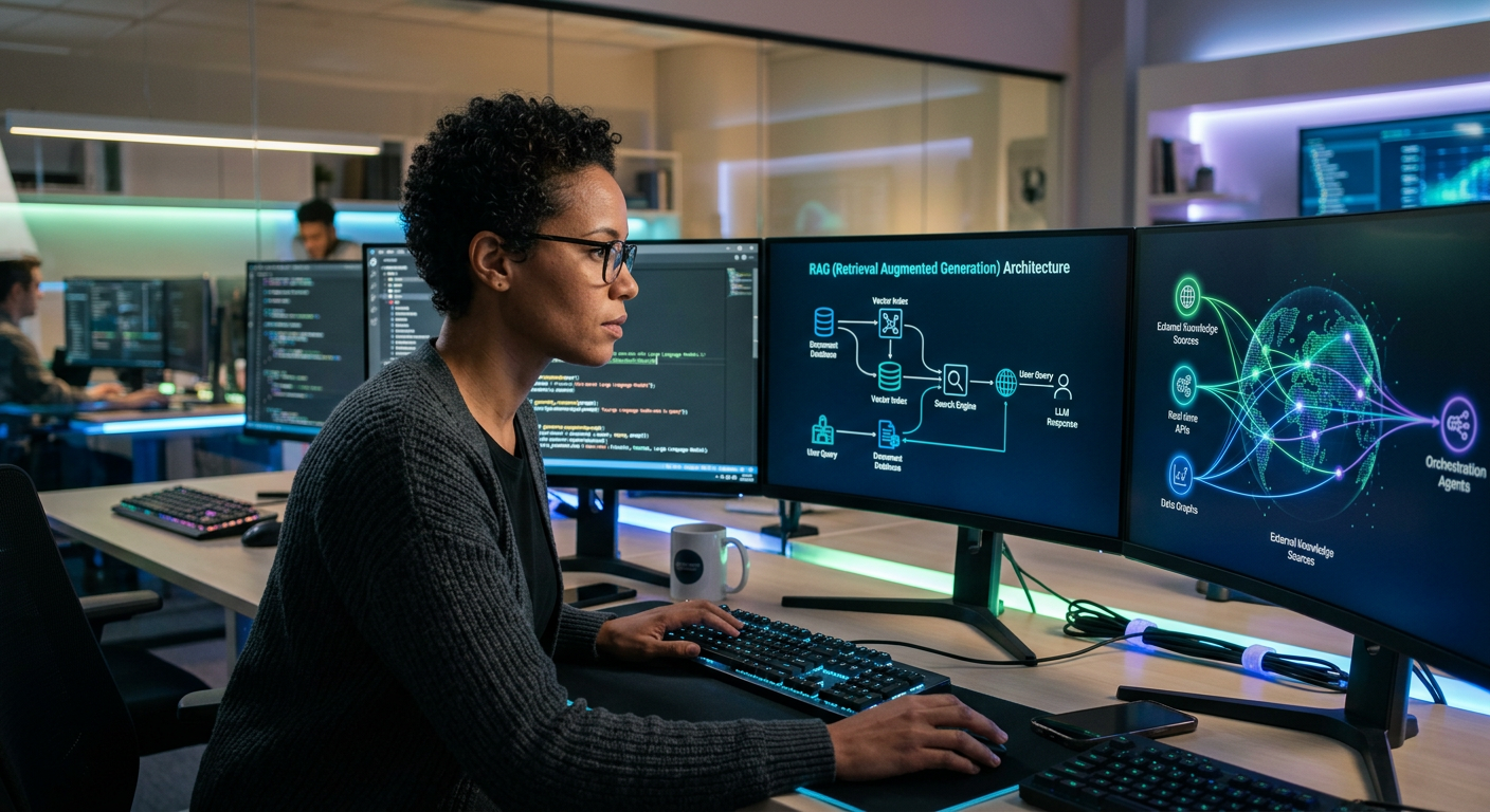 Engenheiro de software construindo sistemas de IA eficientes com LLMs, RAG e fluxos de trabalho inteligentes em um ambiente de alta tecnologia.