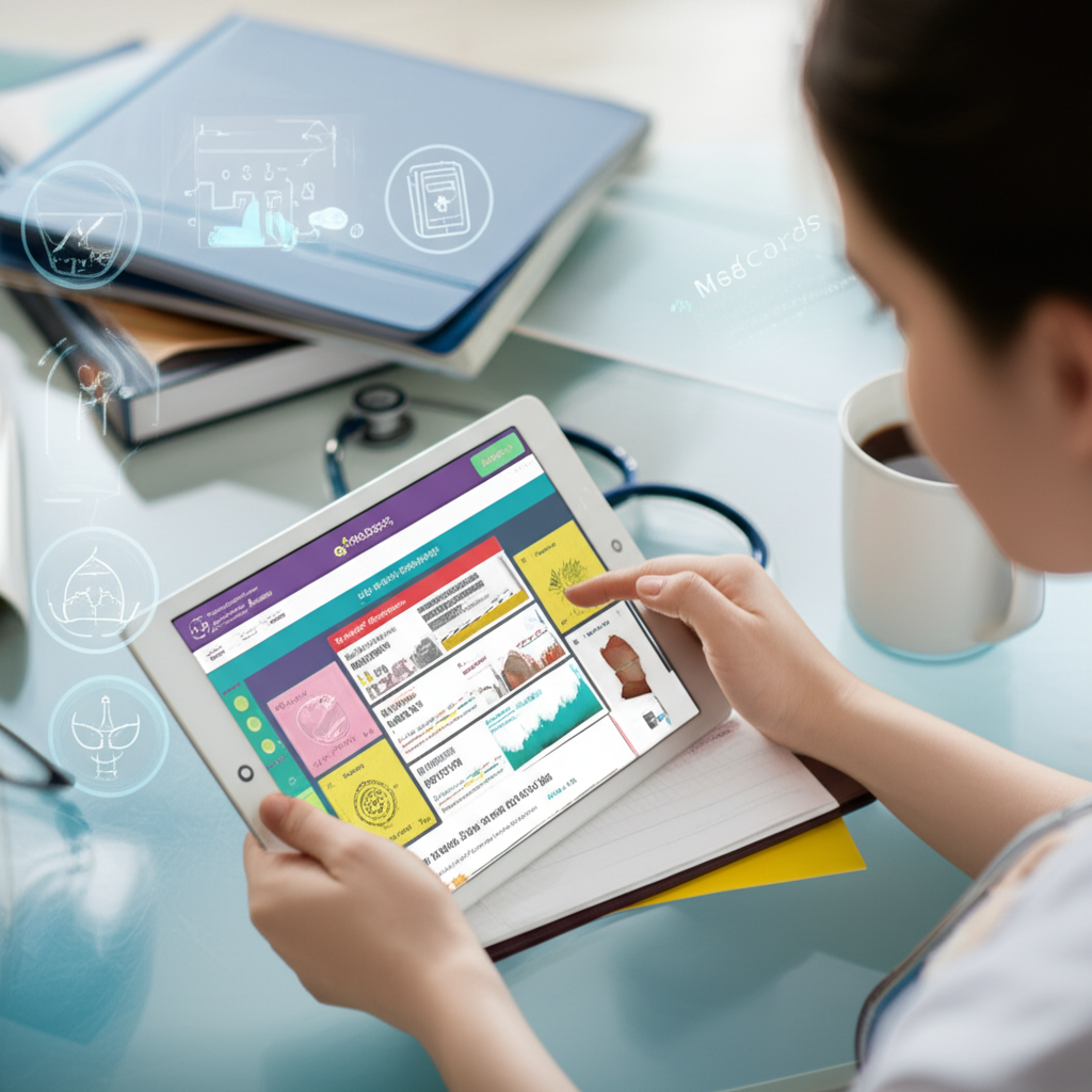 Estudante de medicina usando o tablet com Medcards FULL Smart Flashcards, exibindo flashcards coloridos com imagens médicas, mnemônicos e áudio, rodeado por material de estudo.