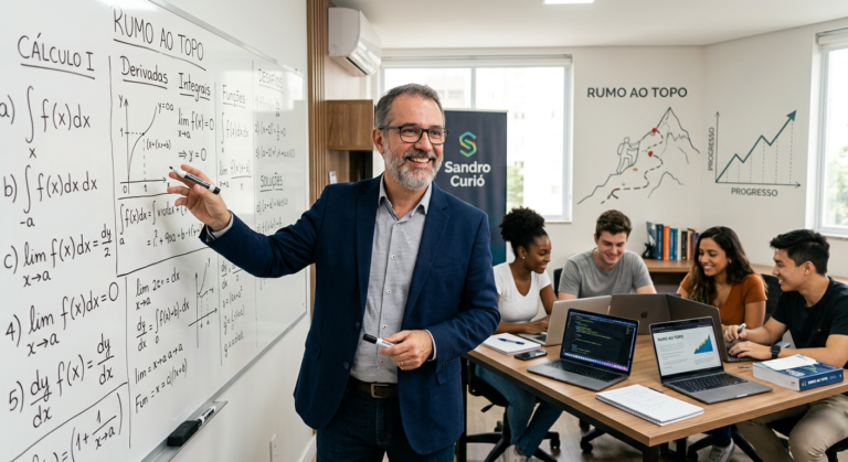 Professor Sandro Curió e grupo de estudantes colaborando em matemática para provas, com laptops e equações ao fundo.