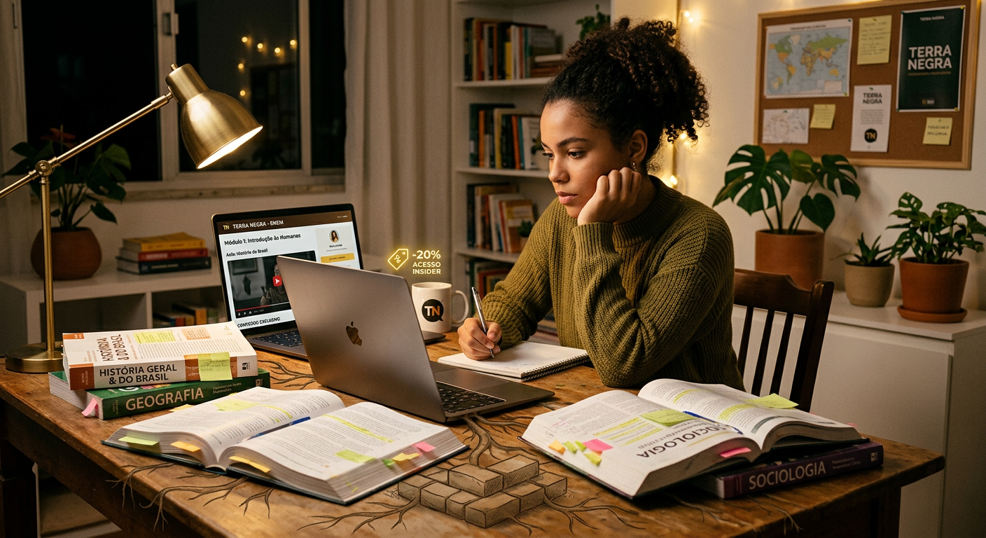 Estudante focado em laptop com livros de Ciências Humanas para o Extensivo Basic 2026 do Terra Negra, construindo base para o ENEM. Cena de estudo.