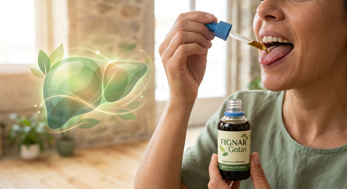 Fignar Gotas: Frasco com conta-gotas, ilustrações de um fígado saudável e pessoa adulta cheia de energia, simbolizando saúde hepática e vitalidade.