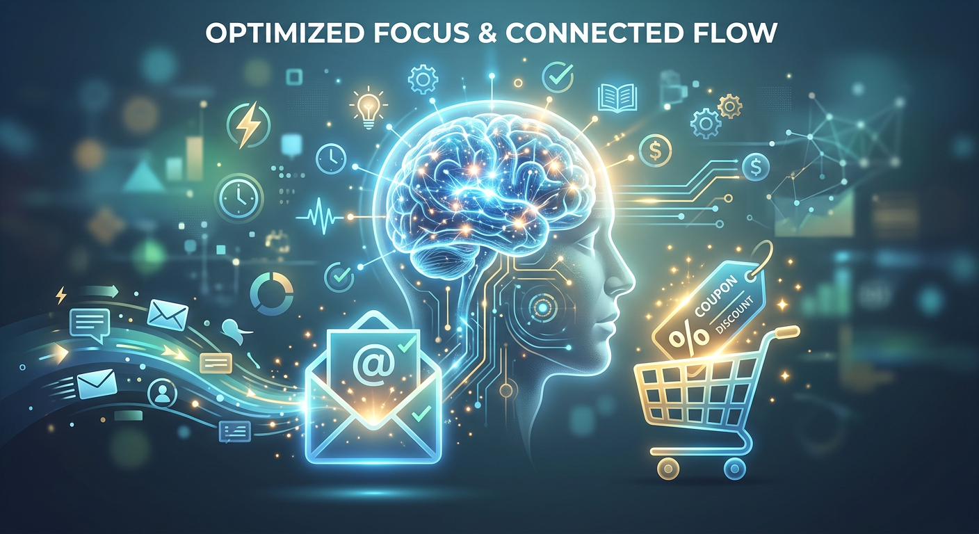Imagem conceitual de foco mental aprimorado e um ícone de email com cupom, simbolizando a produtividade com Foco Pill e o recebimento de ofertas online.