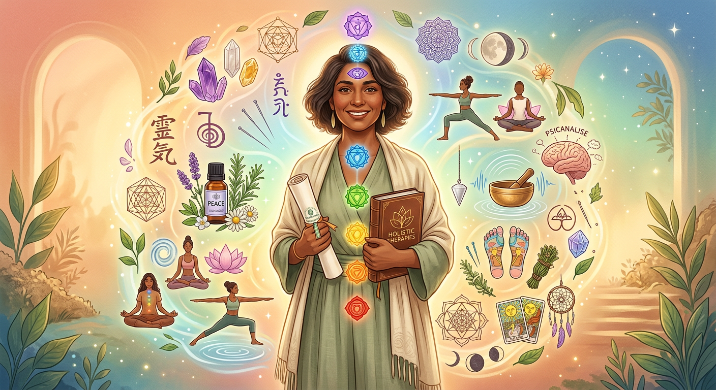 Pessoa em ambiente sereno cercada por diversos símbolos de terapias holísticas, representando a Formação Completa em 70 Terapias da Ibterapias e a transformação profissional.