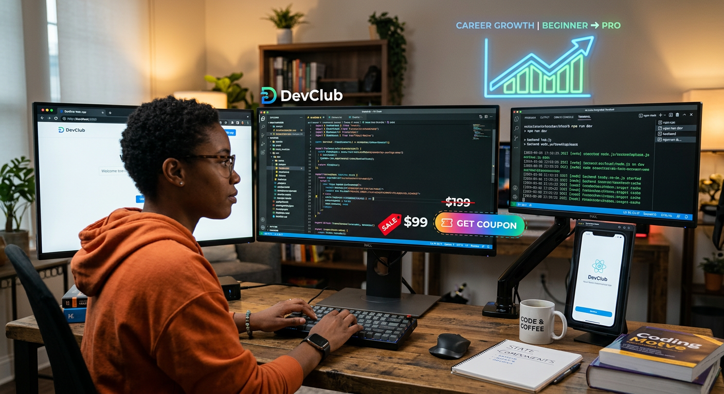 Jovem programador Full Stack em frente a múltiplas telas de código com logo DevClub, simbolizando a análise de preço e cupons para transição de carreira em tecnologia.