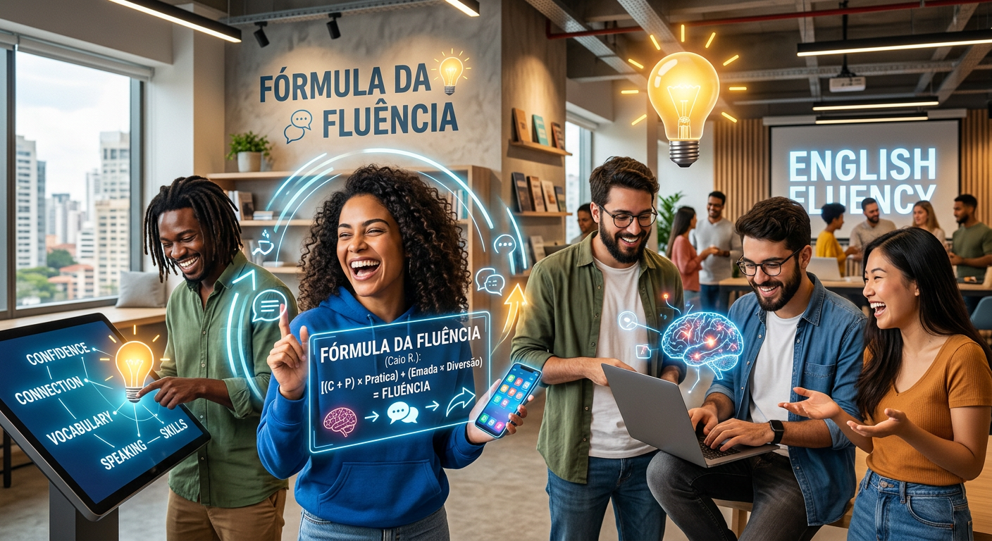 Fórmula da Fluência: Curso de inglês de Caio R. com método prático para fluência rápida, simbolizado por elementos de fórmula e aprendizado digital.