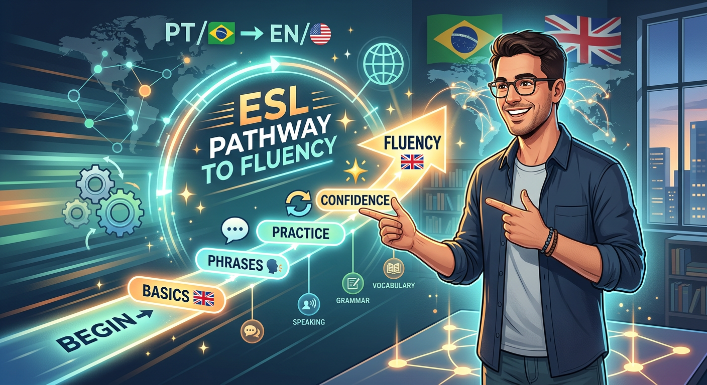 Caio R apresentando a Fórmula da Fluência, com elementos visuais de aceleração e simplificação do aprendizado de inglês.