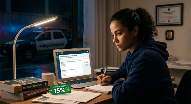 Estudante concentrado no notebook com a plataforma Gabarito Policial e um ícone de cupom de desconto, preparando-se para concurso.