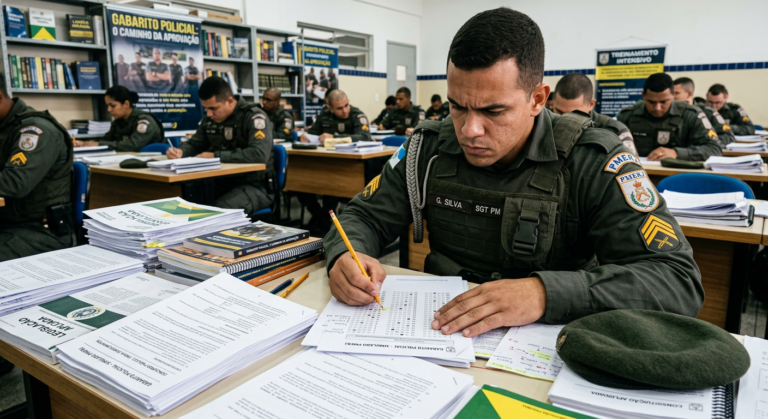Policial estudando com Gabarito Policial