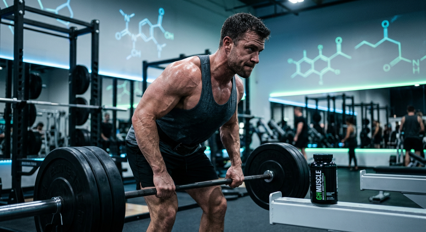 Homem musculoso na academia ao lado do frasco de GHDROL, simbolizando ganho de massa muscular e alta performance.