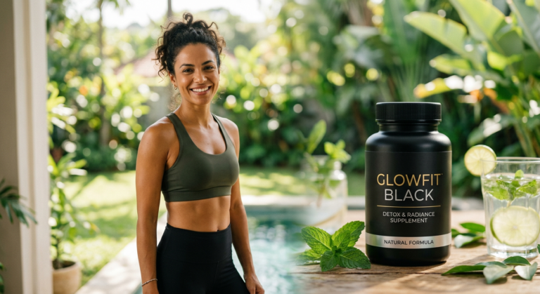 Frasco de GlowFit Black e mulher sorridente com barriga chapada, simbolizando emagrecimento e autoestima renovada.