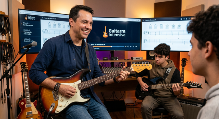 Professor Rodrigo Ferrarezi ensinando guitarra elétrica no curso online Guitarra Intensiva, com aluno praticando ao fundo.