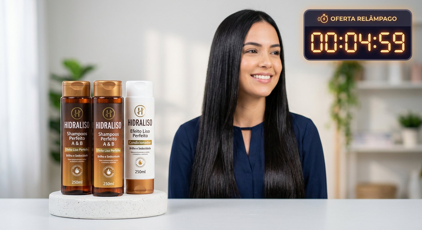 Kit Hidraliso e mulher com cabelo liso perfeito, junto a um cronômetro digital de contagem regressiva de oferta relâmpago.