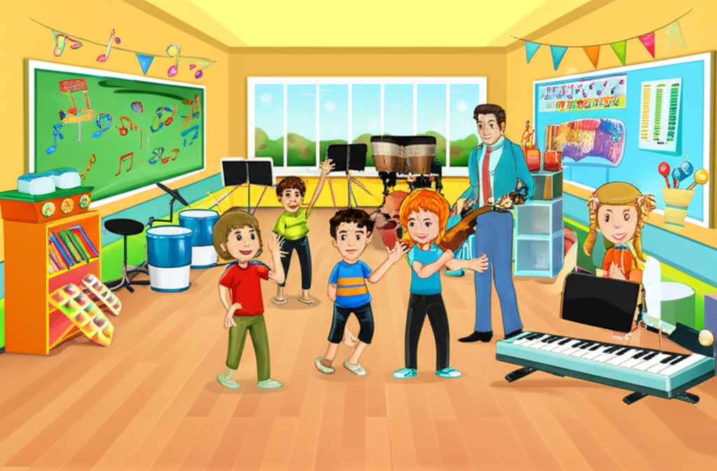 Crianças cantando e brincando em sala de aula