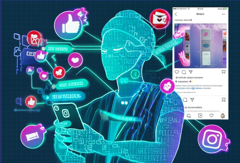 Ninja digital automatizando interações no Instagram, mostrando comentários e mensagens diretas em um smartphone.