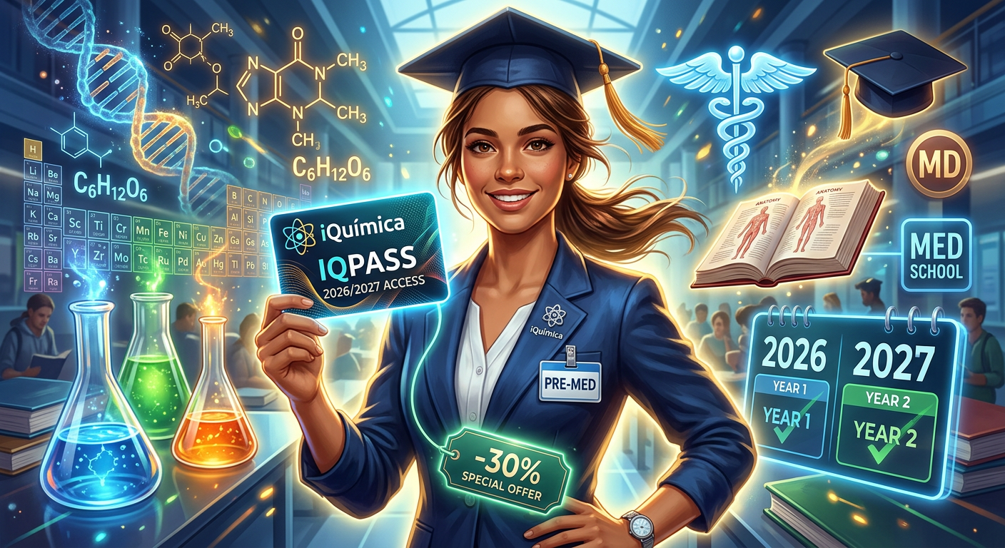 Estudante confiante segura IQPASS digital com símbolos de química e medicina ao fundo, indicando acesso até 2027 e desconto para aprovação em vestibulares.