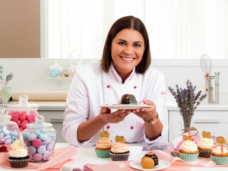 Ísis Alvarez presenting handcrafted gourmet sweets in a modern kitchen studio, holding a chocolate truffle among cupcakes and macarons.