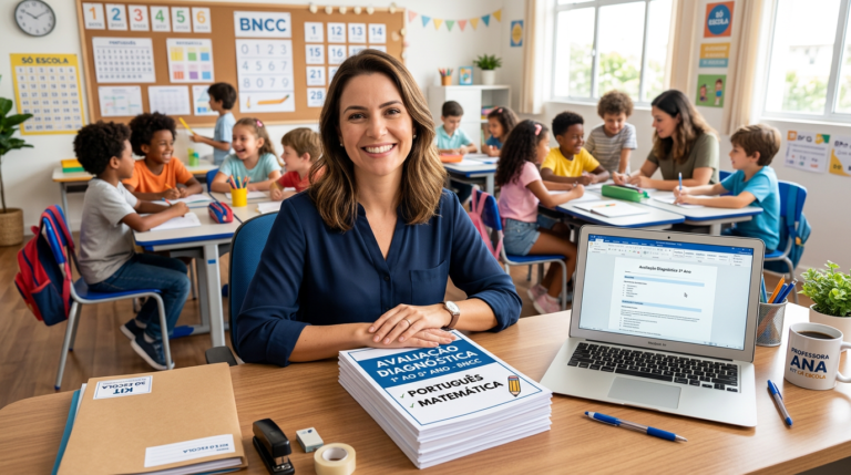 Professora satisfeita com kit de avaliação diagnóstica 1º ao 5º ano da BNCC, com pilhas de provas e laptop aberto em sala de aula.