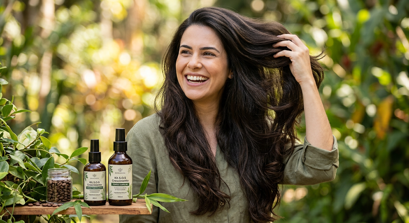 Mulher sorridente com cabelos longos, volumosos e brilhantes, segurando o Kit S.O.S Crescimento, simbolizando o sucesso contra a queda capilar.