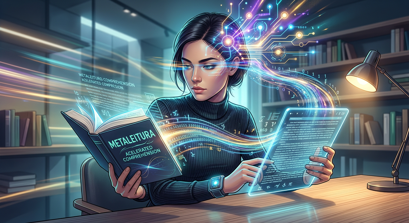 Pessoa lendo rapidamente um livro e um tablet, com luzes e padrões abstratos de atividade cerebral ao redor da cabeça, simbolizando leitura dinâmica e metaleitura profunda. Um visual moderno de aprendizado acelerado.
