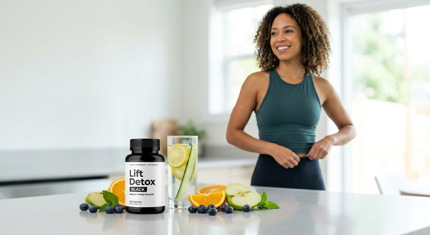 Lift Detox Black cápsulas, mulher satisfeita com corpo mais definido, frutas frescas e água detox, simbolizando emagrecimento e bem-estar.