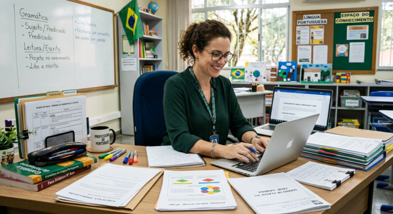Professor organizado com materiais de Língua Portuguesa