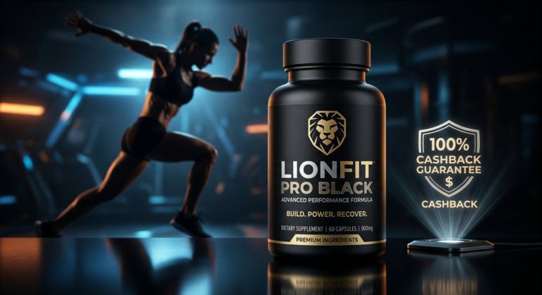 Frasco preto LionFit Pro Black em destaque, com ícone de cashback e atleta ao fundo em ambiente de academia moderna.