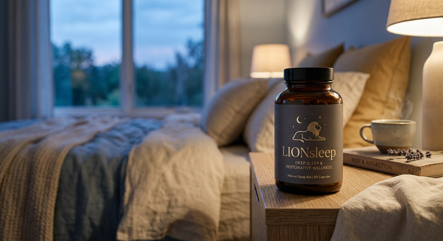 Garrafa do suplemento LIONsleep em uma mesa de cabeceira ao lado de uma cama arrumada, sob luz suave que evoca tranquilidade e sono reparador.