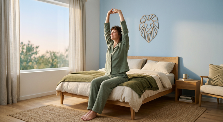 Pessoa acorda revigorada e cheia de energia em um quarto moderno e sereno, simbolizando os benefícios do LIONsleep para um sono reparador.