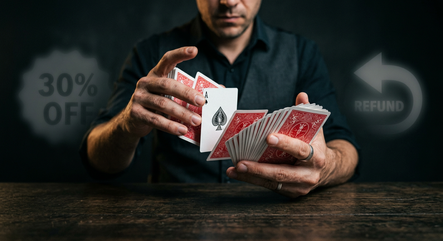 Mãos de mágico, com baralho Bicycle, realizando truque de cartas, com símbolos sutis de desconto e reembolso flutuando, representando a decisão de retenção do curso de Felipe Barbieri.