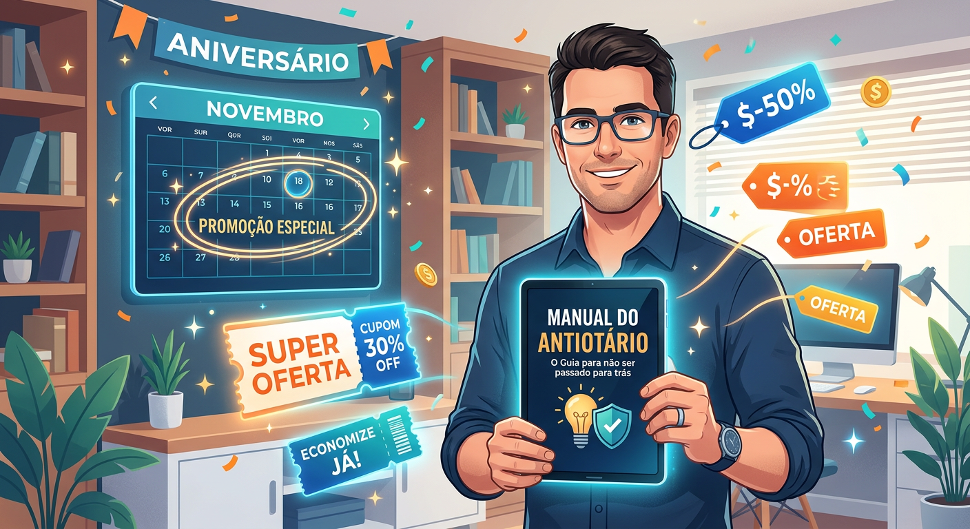 Homem confiante segurando o ebook 'Manual do Antiotário' em um tablet. Ao fundo, um calendário com data de aniversário destacada e cupons de desconto flutuando, representando promoções e ofertas fixas.