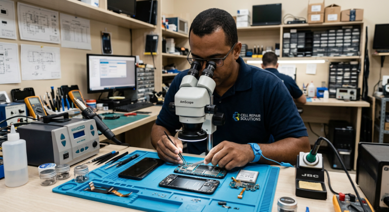 Técnico de manutenção de celulares trabalhando em uma bancada