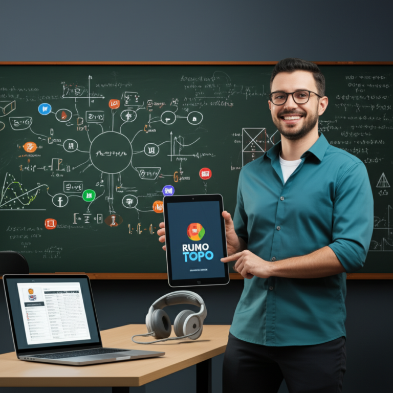 Ilustração de Sandro Curió ensinando matemática para o ENEM, com quadro digital repleto de fórmulas, gráficos e mapas mentais, rodeado por recursos do curso Rumo ao Topo.