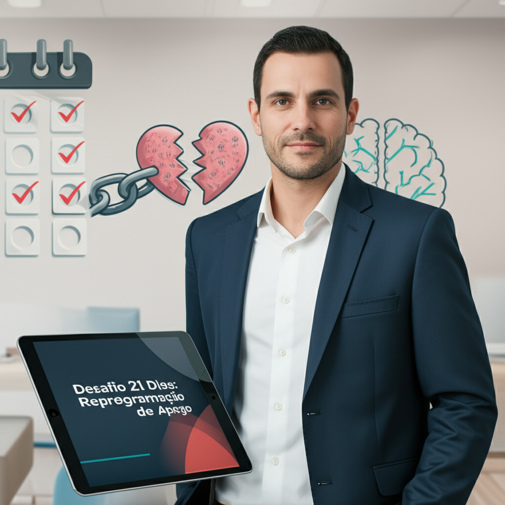 Psicólogo Mateus José em seu consultório, ao fundo um mural com calendário de 21 dias, corrente quebrada que vira coração e um cérebro com conexões iluminadas, simbolizando a reprogramação de apego.
