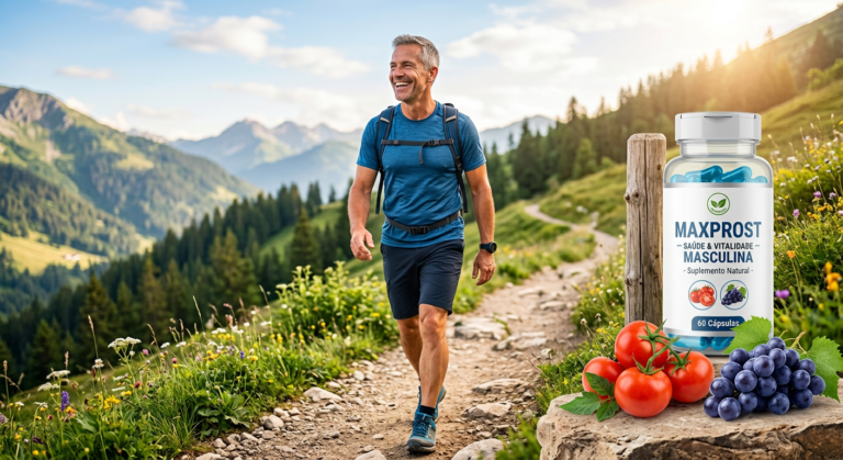 Homem vital e sorridente com frasco de MaxProst, simbolizando saúde da próstata e bem-estar.