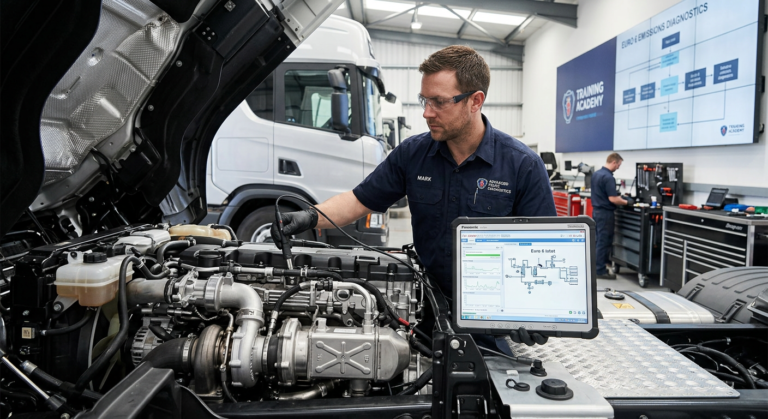 Mecânico especialista utilizando tablet para diagnóstico eletrônico em motor diesel Euro 6, demonstrando conhecimento adquirido no Curso Mecânico Diesel.