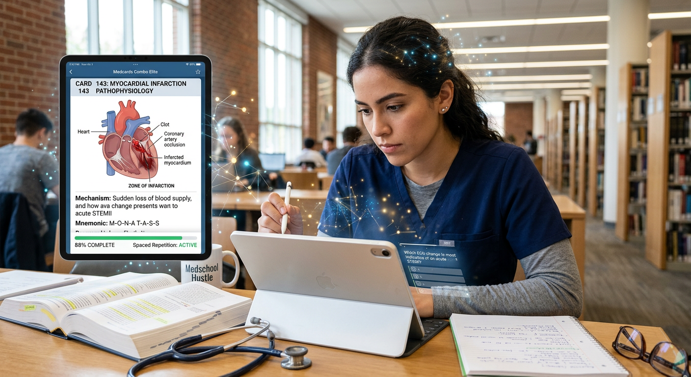Estudante de medicina concentrado utilizando a plataforma Medcards Combo Elite em um tablet, mostrando flashcards digitais e gráficos de progresso.